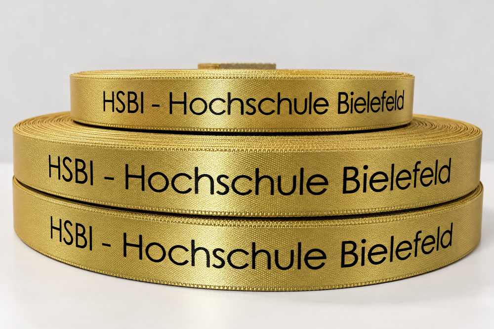 Goldenes Satinband individuell mit schwarzem Firmendruck bedruckt